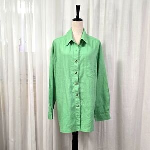 2/$30 Pastel Green Linen Women Button Up Shirt Plus Sz 2XL Long Sleeve Lagenlook